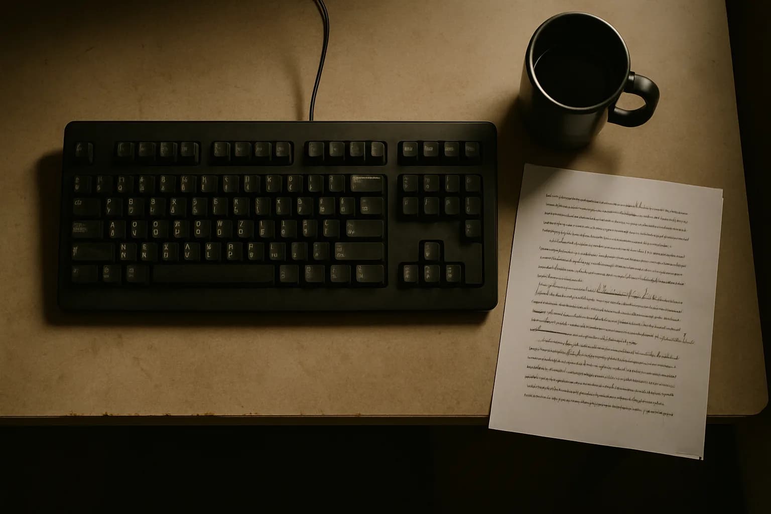 Overhead view of a worn newsroom keyboard beside a manuscript page with handwritten edits and a cold coffee cup, flat window light across the desk surface