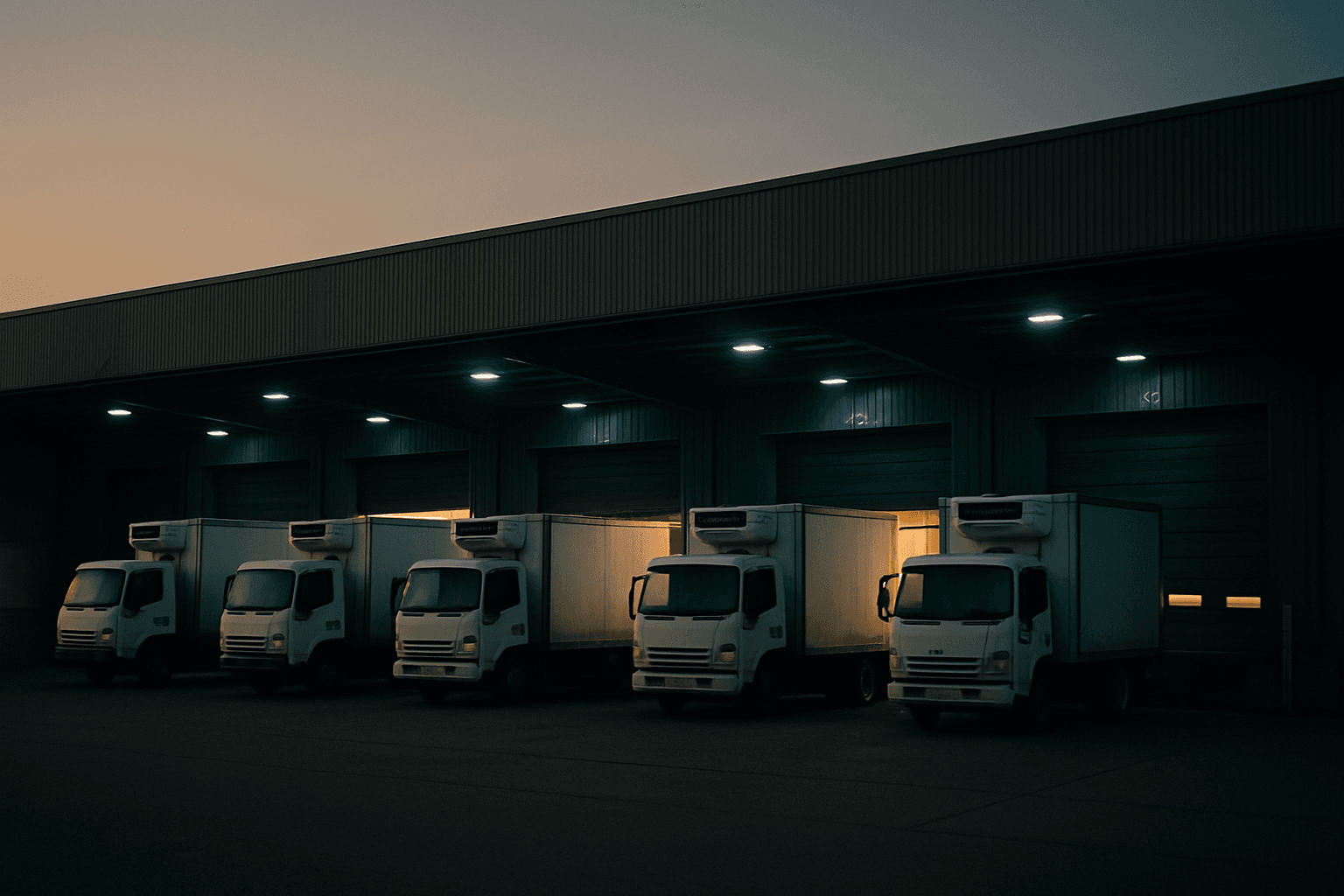 An empty automated warehouse loading dock at dusk with a row of idle refrigerated delivery trucks and no visible cargo activity