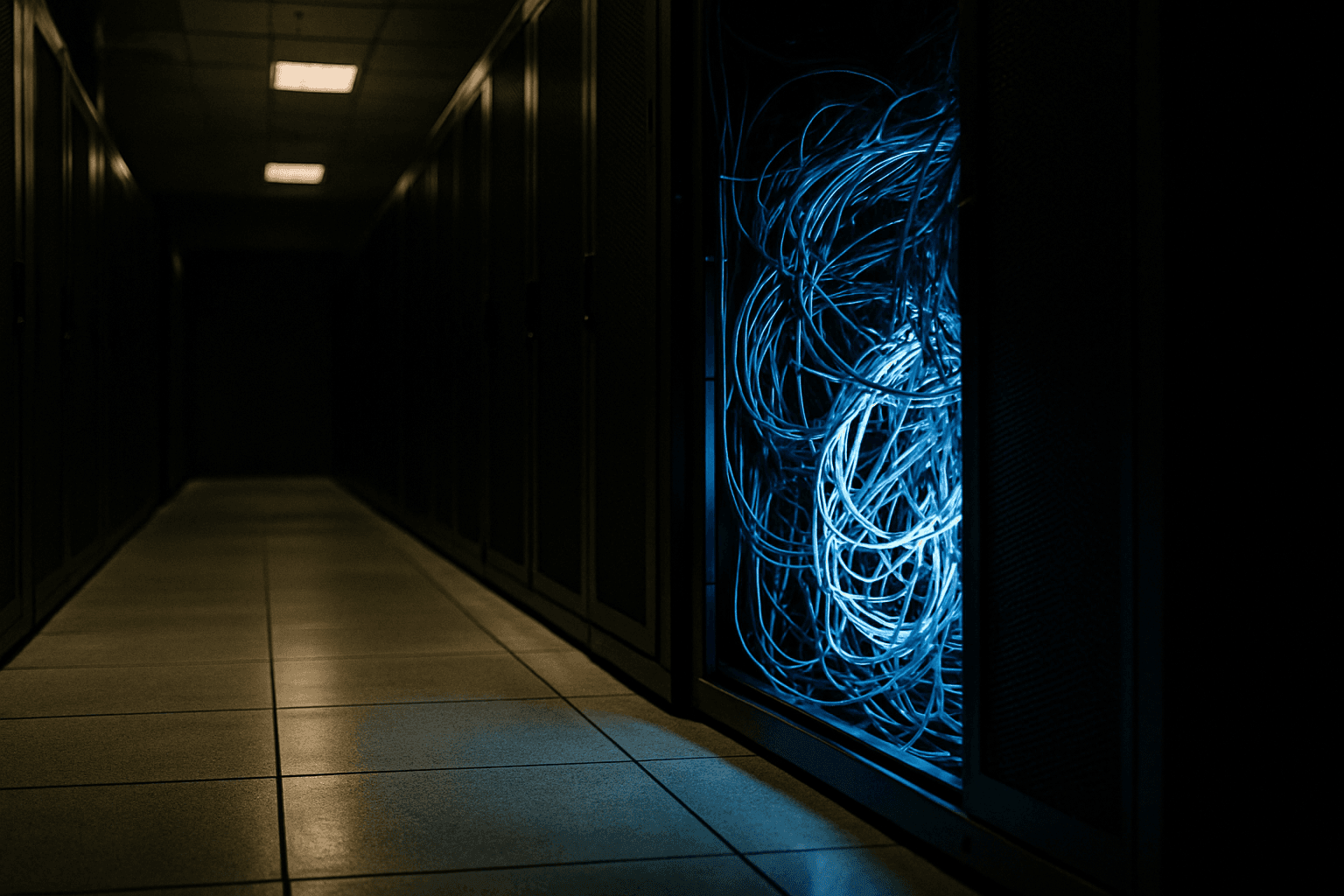 A server rack with one panel open in a dark data center corridor, fiber optic cables glowing inside