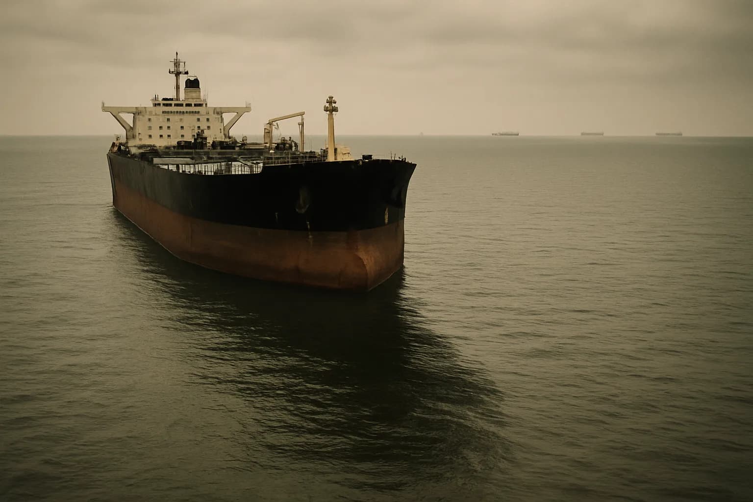 A supertanker anchored in open water under overcast skies, with distant tankers on the horizon.