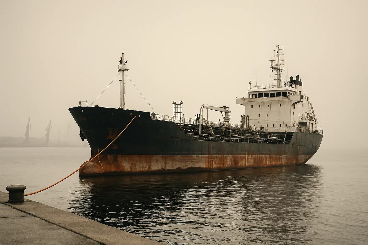 A rust-stained product tanker moored at a gray Baltic port quay under overcast skies, a single orange mooring line at the bow, no crew on deck, mist softening cranes in the background.