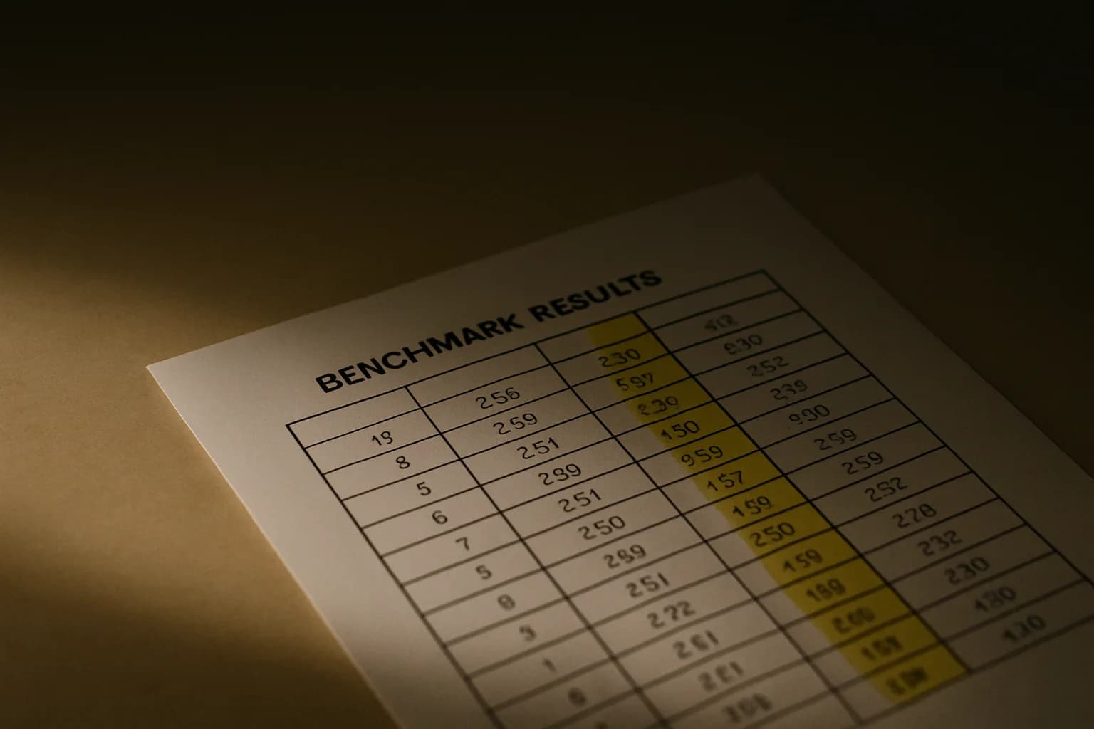 A printed research benchmark table on a desk, one column marked in yellow highlighter, the rest of the page in partial shadow.