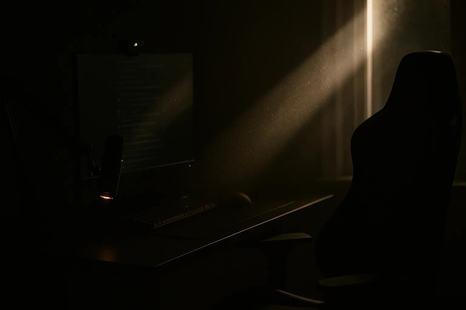 Empty streaming chair at a live setup with webcam light on and chat scrolling on the monitor, shot in near-darkness with a diagonal shaft of afternoon light