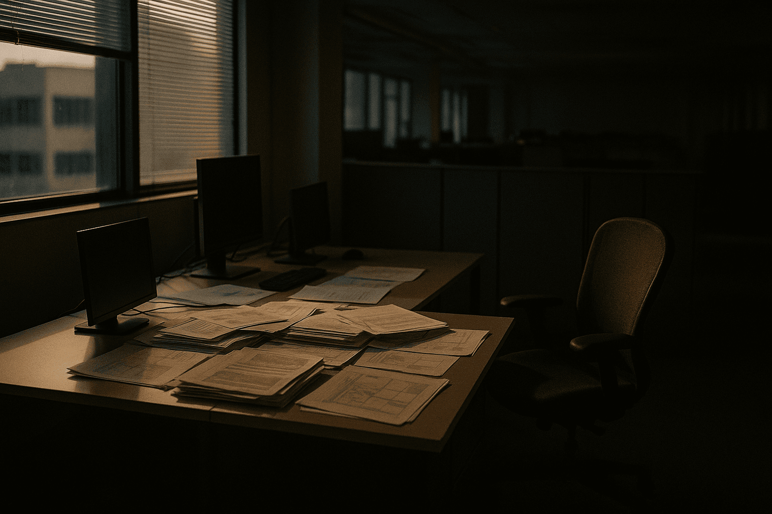 Two adjacent research workstations with stacked papers between them in an empty office at dusk, one chair pushed back