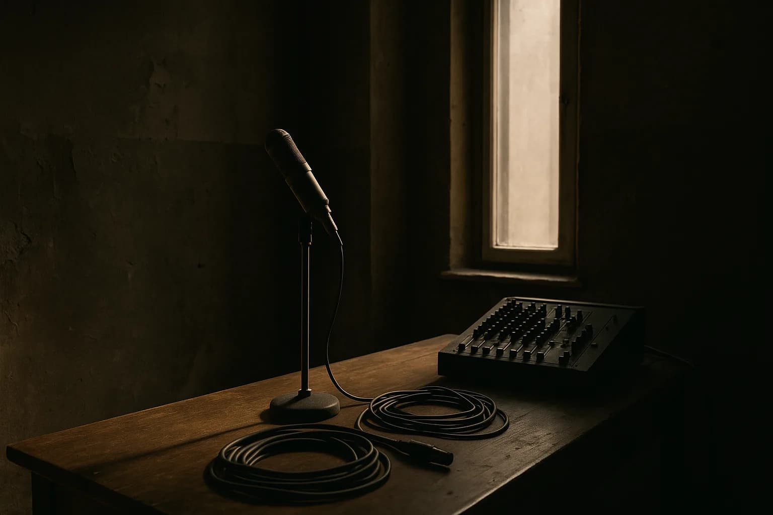 An empty recording studio with a vintage microphone and mixing board lit by afternoon light through a narrow window