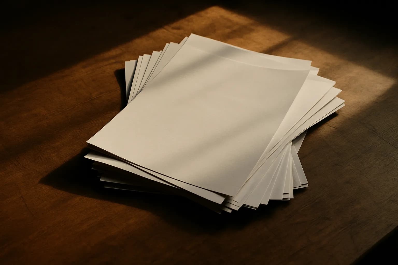 Printed technical documents stacked on a wooden desk, pages fanning open to reveal lower sheets beneath, lit by late-afternoon window light