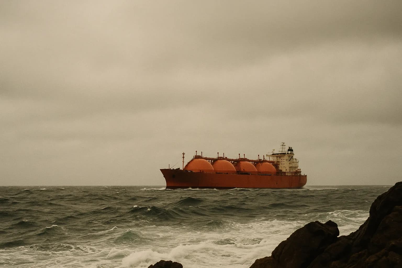 An LNG tanker in ballast navigating heavy southern ocean swells, photographed from low angle near a headland under an overcast sky