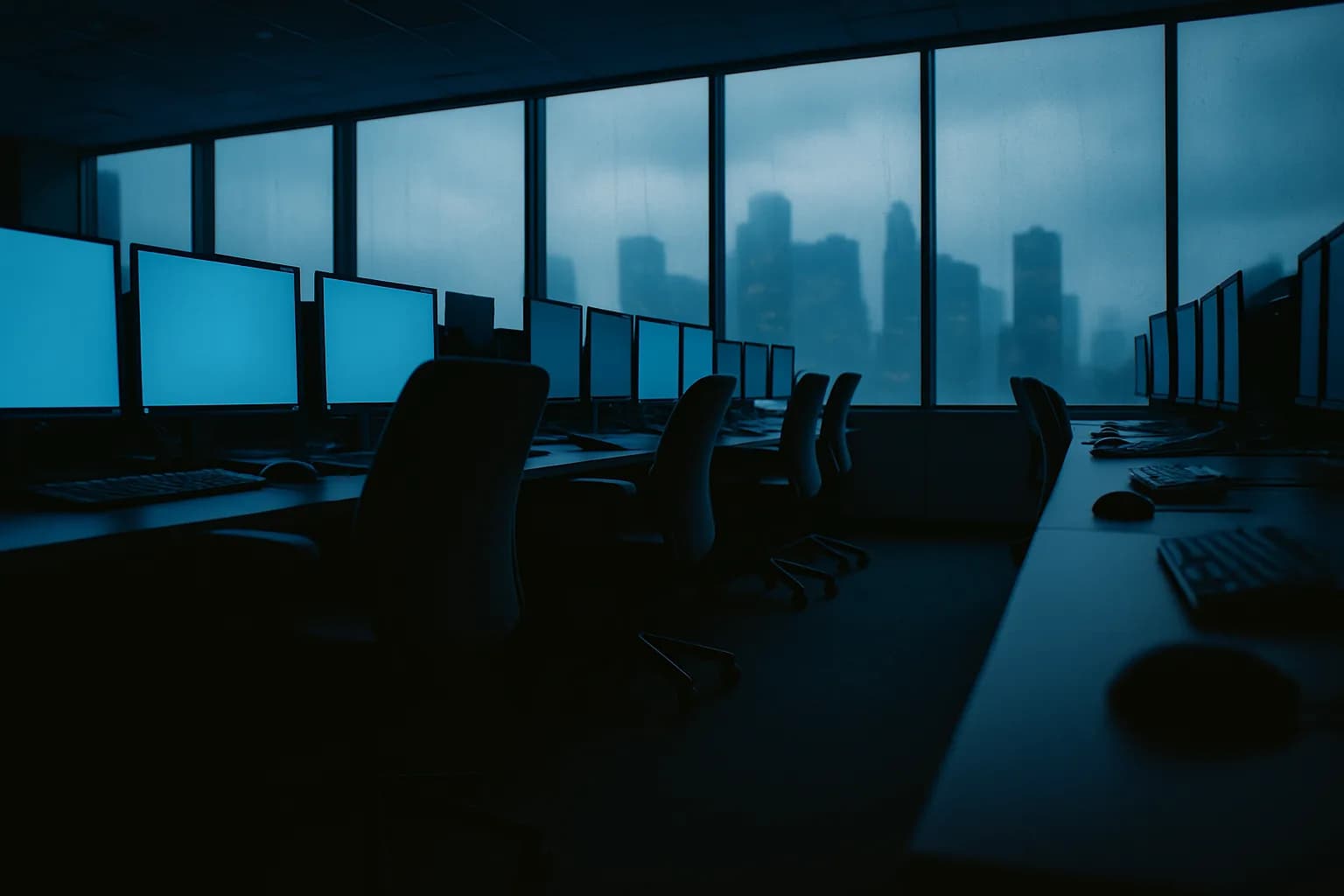 Empty bond trading floor at dusk with illuminated screens and a rain-blurred city skyline visible through tall windows.