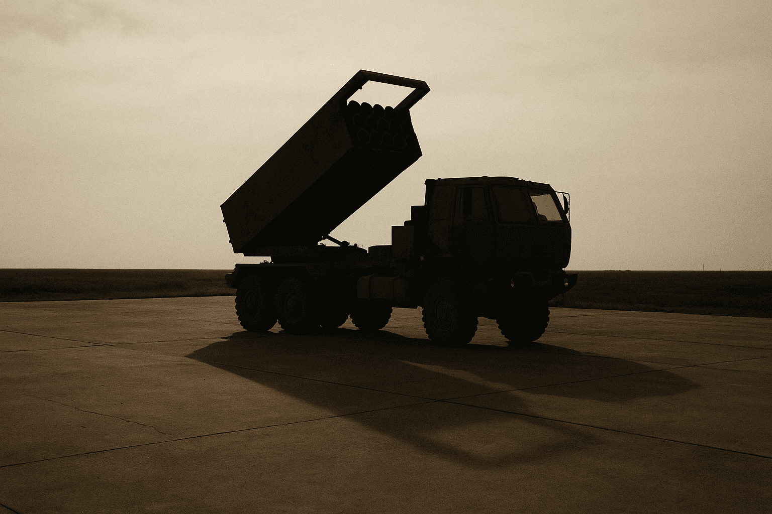 An M142 HIMARS rocket launcher parked alone on a military pad under an overcast sky
