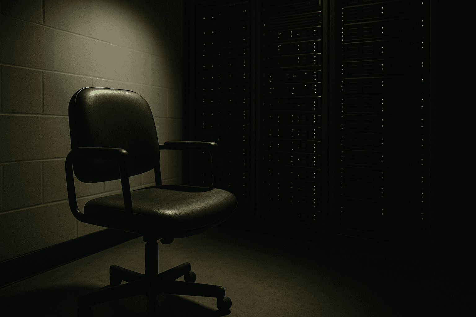 Empty operator chair facing a wall of blinking server racks in a high-security data center, lit by overhead fluorescent light