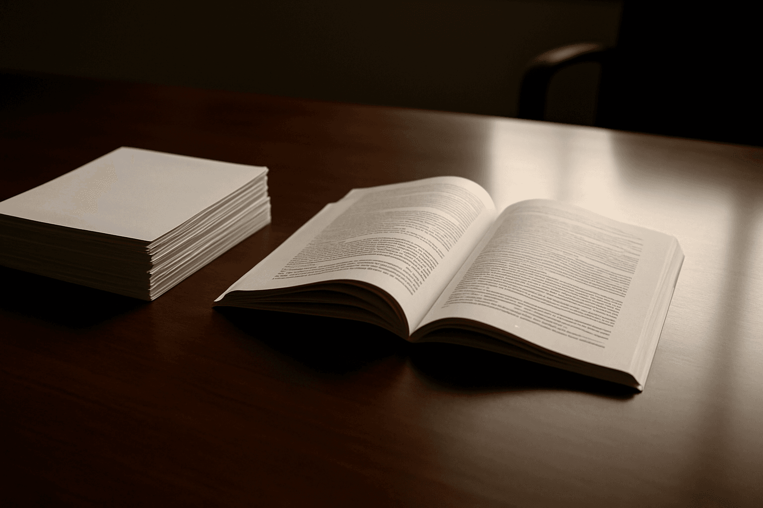 Two stacks of financial documents on a corporate conference table, one closed, one spread open, shot from above in soft natural light