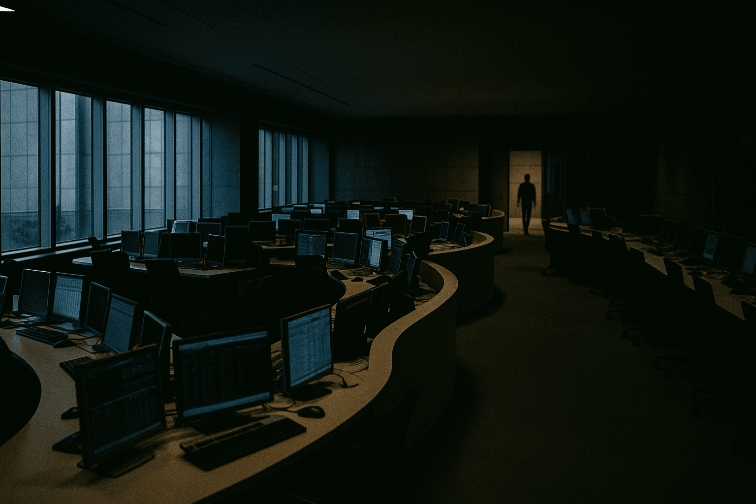 Empty trading terminals glow in a Tokyo financial room at late afternoon, a blurred figure walking away as pale overcast light falls through tall windows
