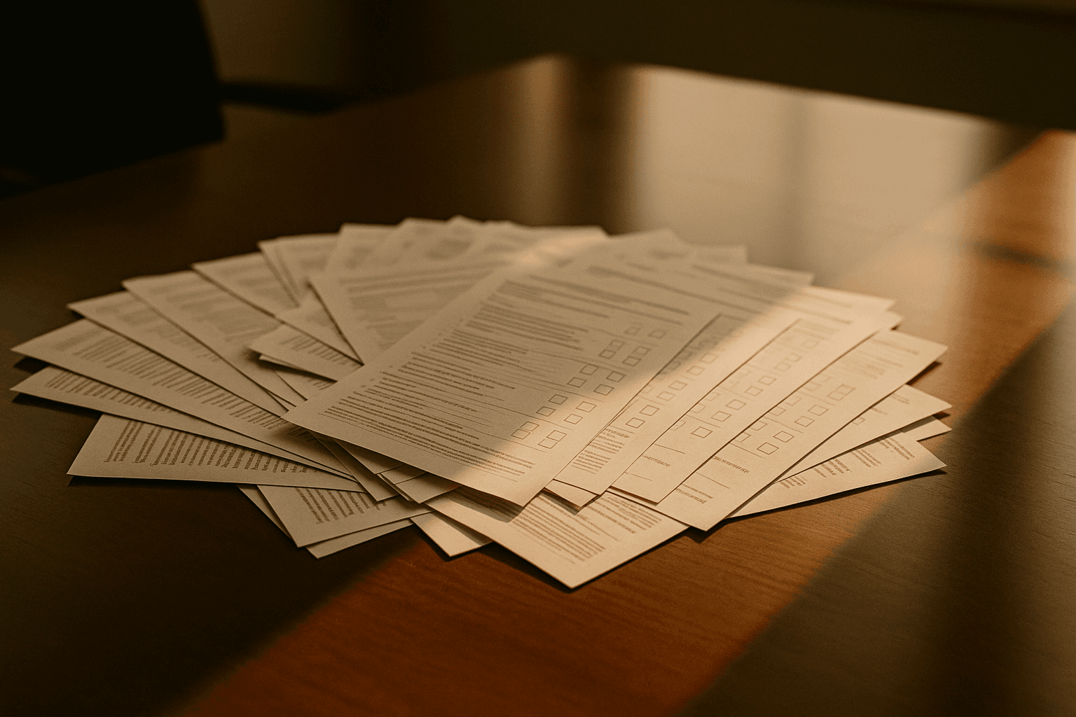 Unmarked proxy voting ballots fanned across a conference table in low afternoon light