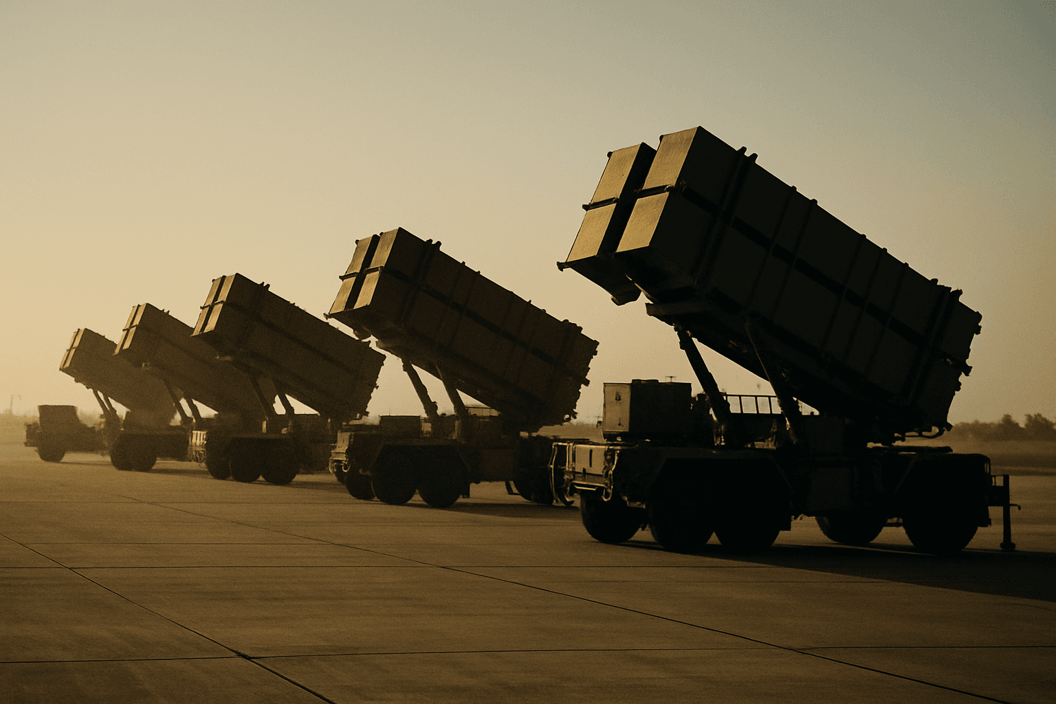 Patriot missile launch canisters on transport vehicles aligned on a military airfield in late-afternoon light.