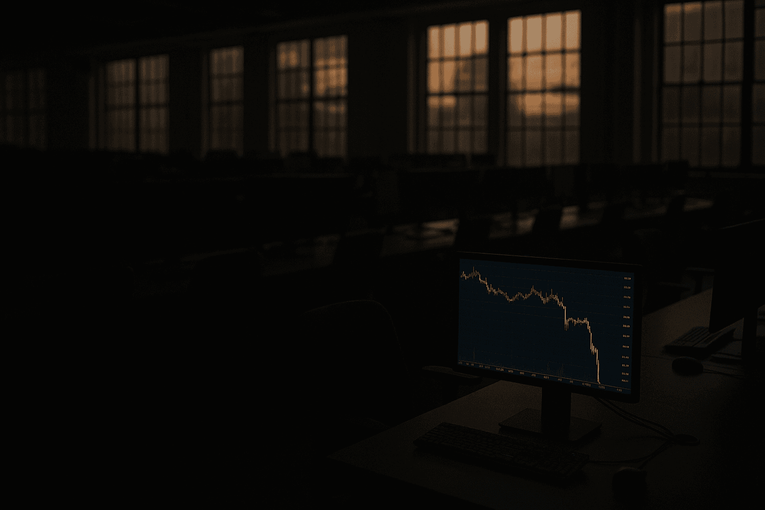 Empty trading floor at dusk with one active terminal showing a crude oil price chart with a sharp decline