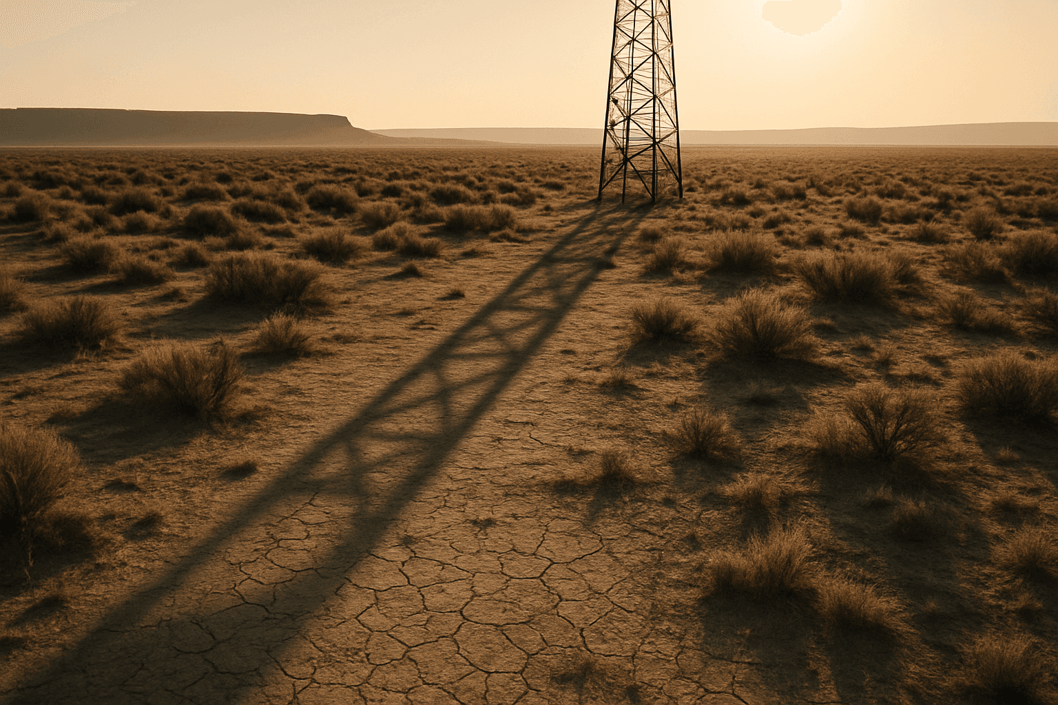 Shadow of a lattice antenna tower stretches across high desert scrubland at dawn in Oregon's Lake County