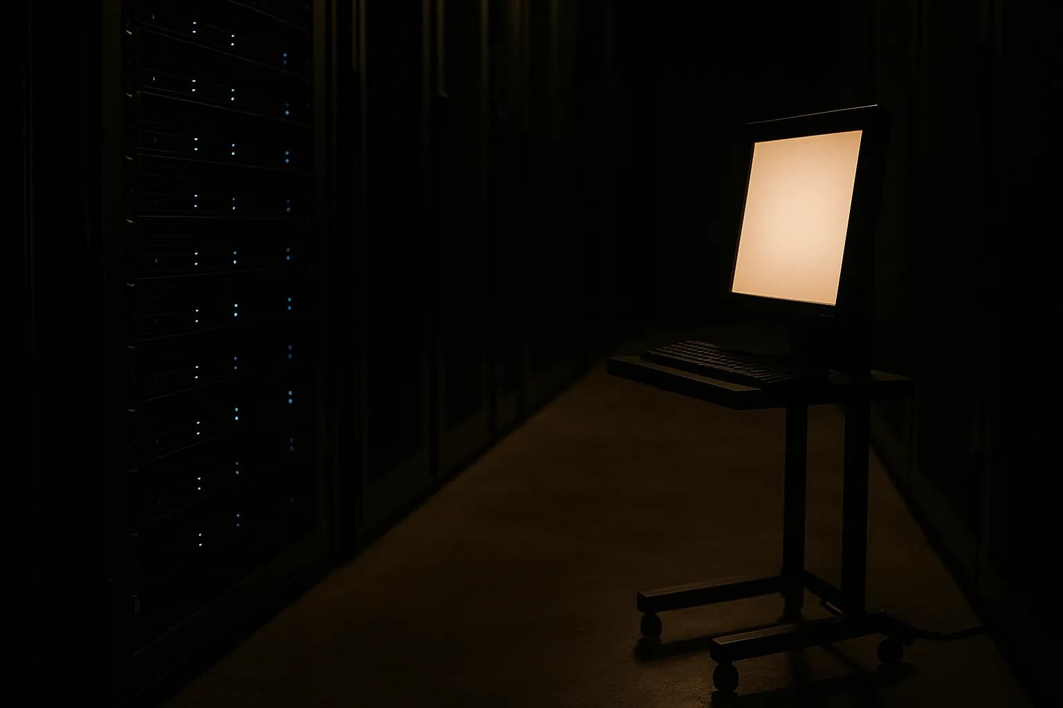 Rows of server racks in dim blue light inside a data center, with a glowing terminal screen in the foreground.
