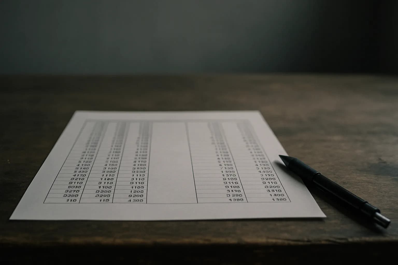 Printed benchmark comparison table on a desk with one section visibly empty, photographed at table level in soft grey natural light