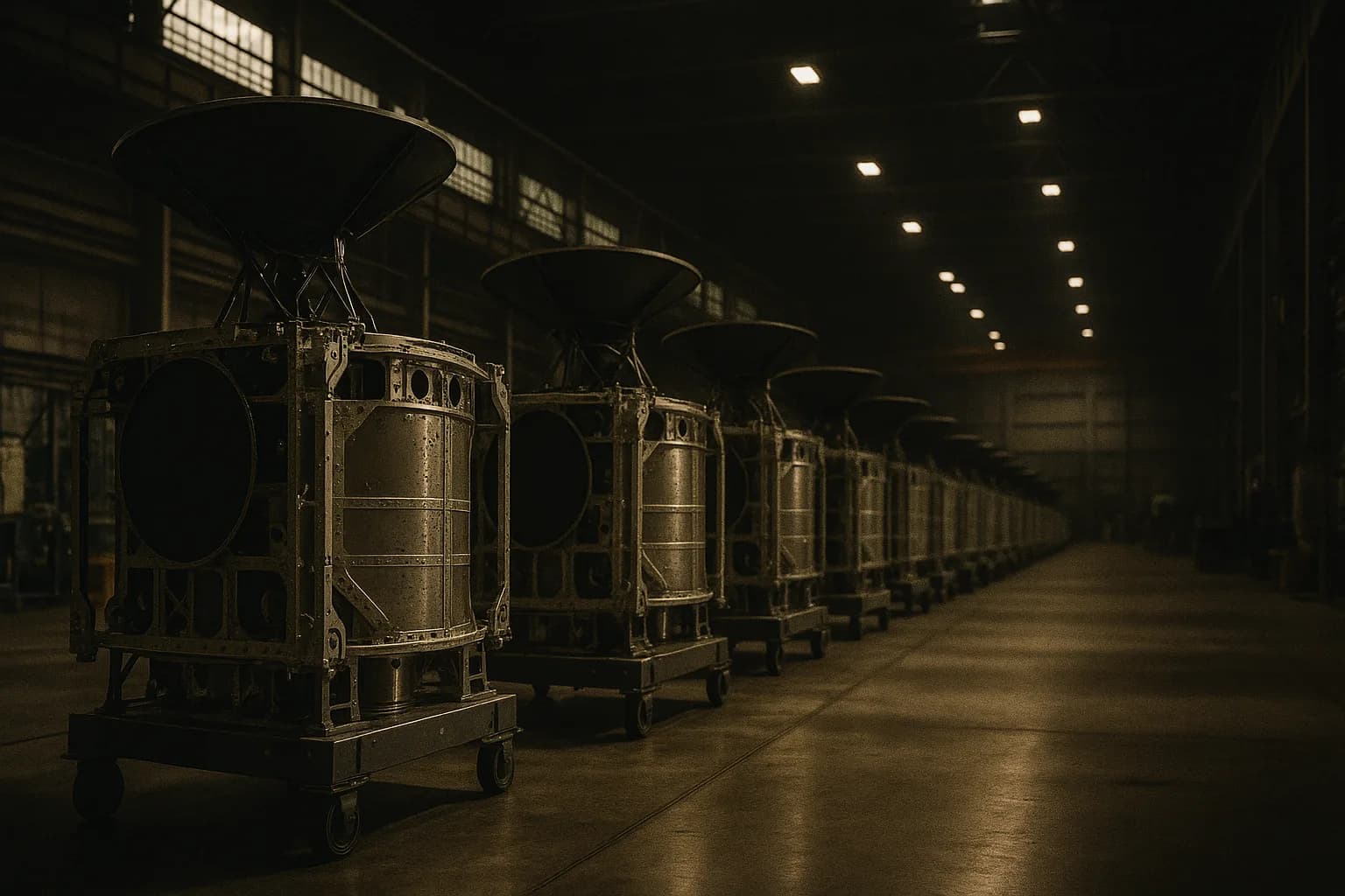 Row of satellite chassis on a factory assembly line, industrial lighting, no people or markings visible