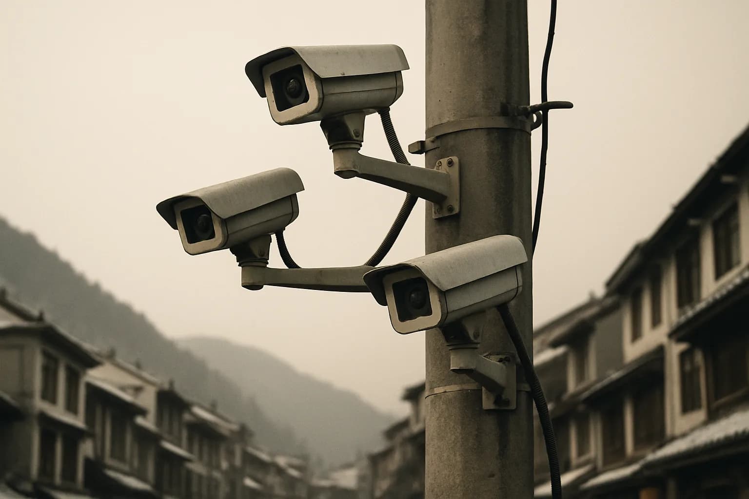 Three surveillance cameras on a concrete pole above a snow-covered street in northern China, mountains in the background