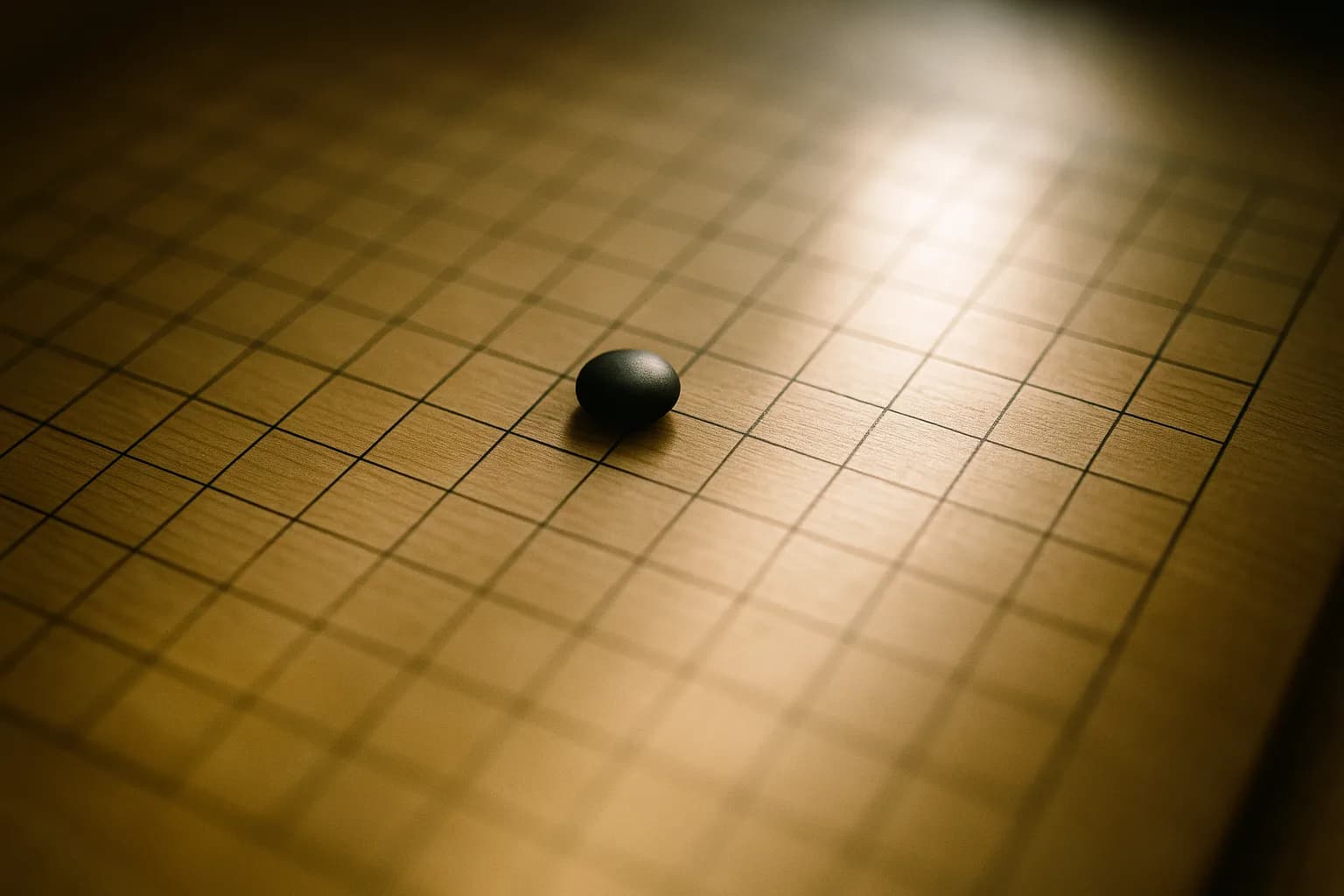A Go board photographed from above, one black stone at center, hundreds of empty intersections surrounding it in warm natural light.