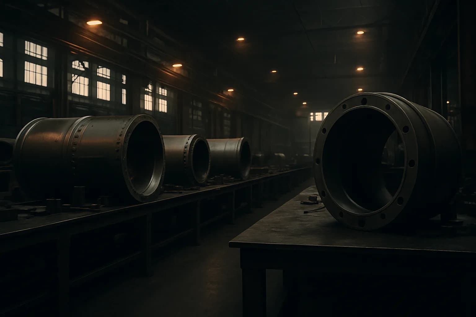 Empty industrial production floor with large cylindrical aerospace components arranged on steel assembly workbenches in low light