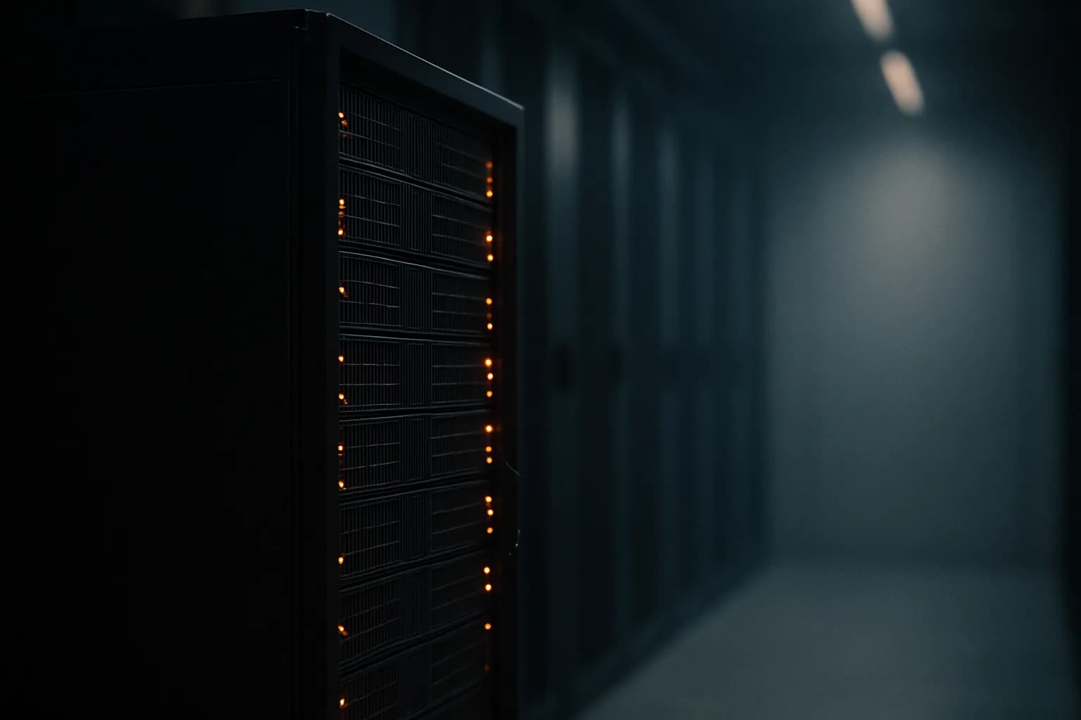 A server rack photographed in profile, amber indicator lights tracing the edges of compute cards against deep blue-grey shadow in a data center corridor