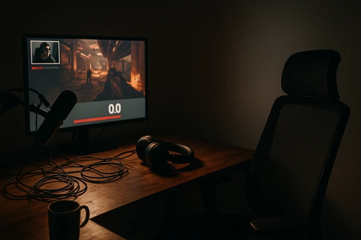 Empty streaming desk lit by a monitor showing a live broadcast with no subscribers