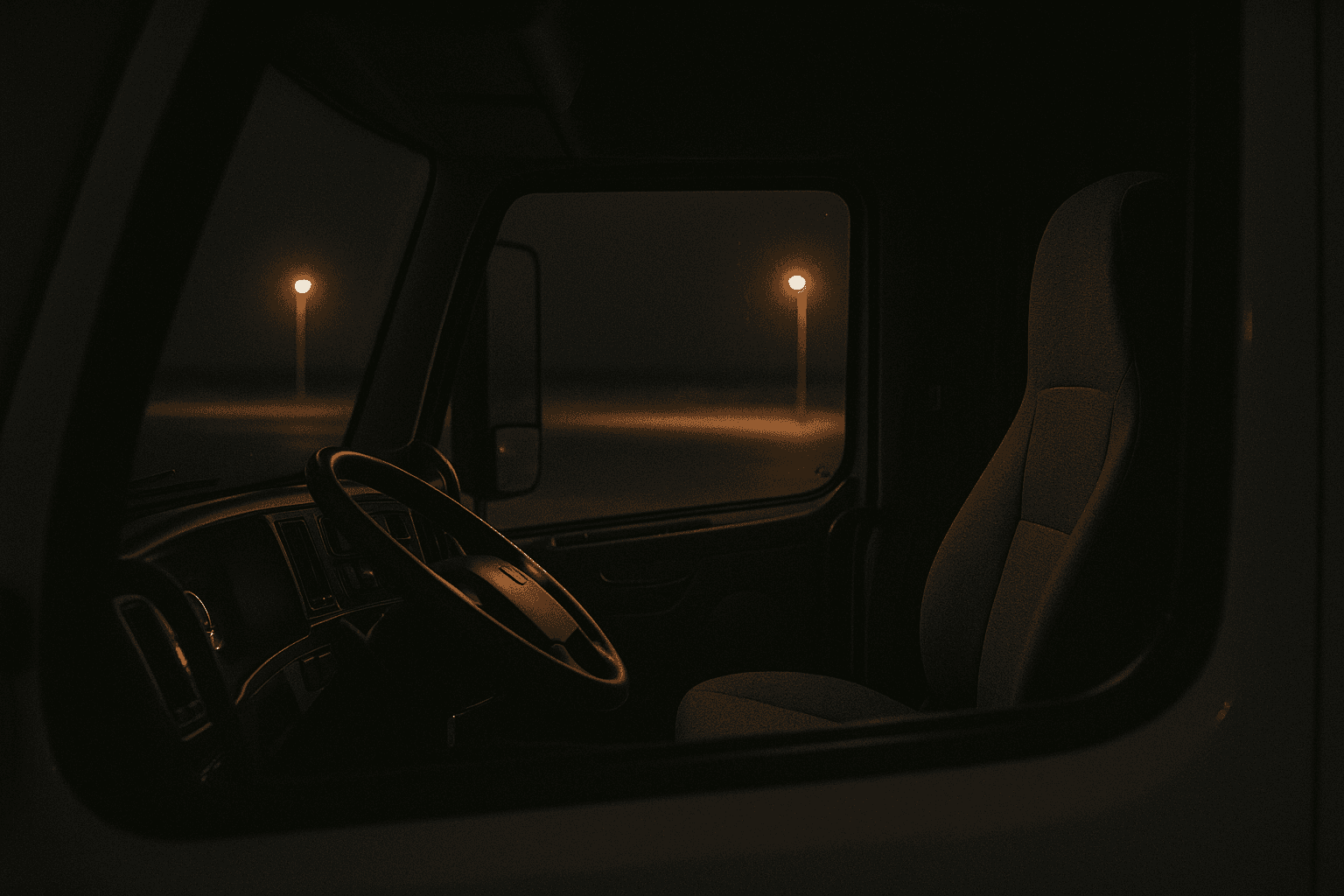 The empty driver's seat of a semi-truck cab photographed through the window at a dark Texas rest stop before dawn.