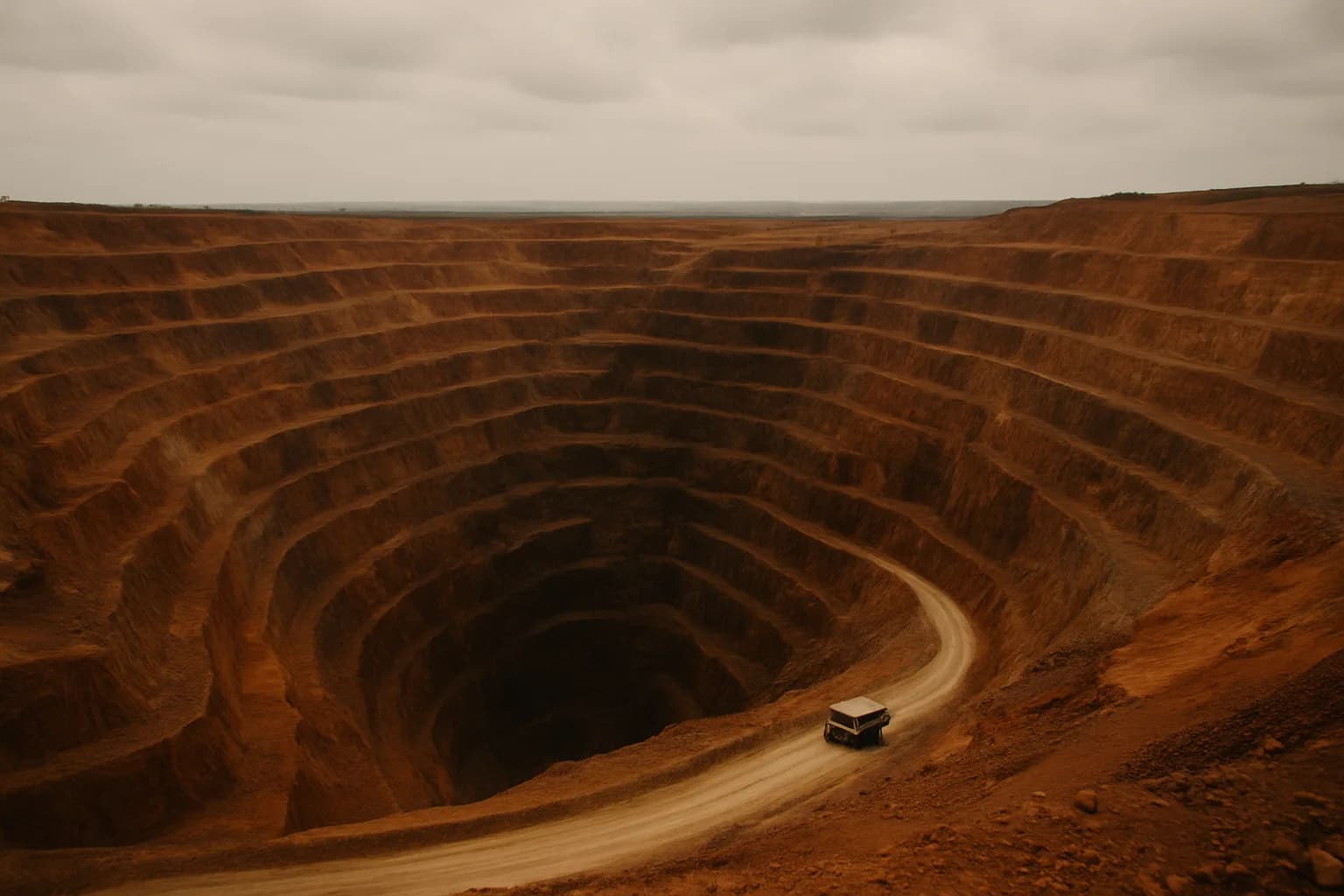 Aerial view of an open-pit cobalt mine in the Democratic Republic of Congo, terraced red-earth walls descending in rings around a pale road where a single truck moves through the excavation