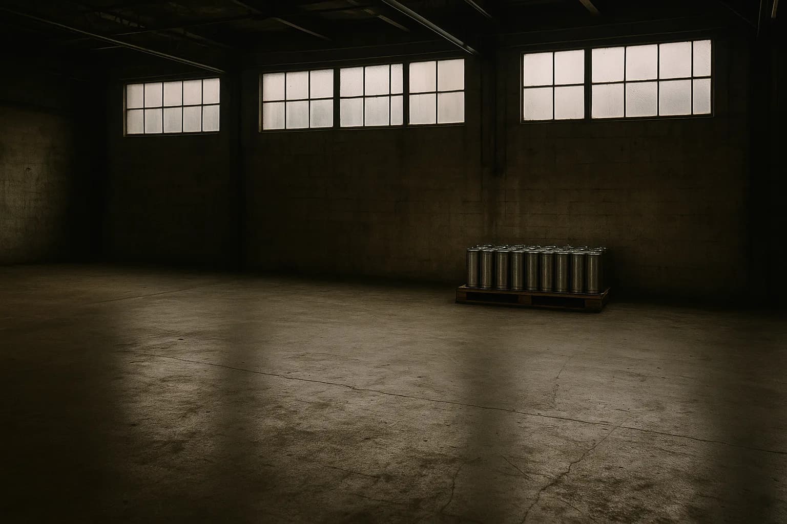 An empty warehouse floor with a row of cylindrical battery modules on a wooden pallet against a bare concrete wall under gray industrial light