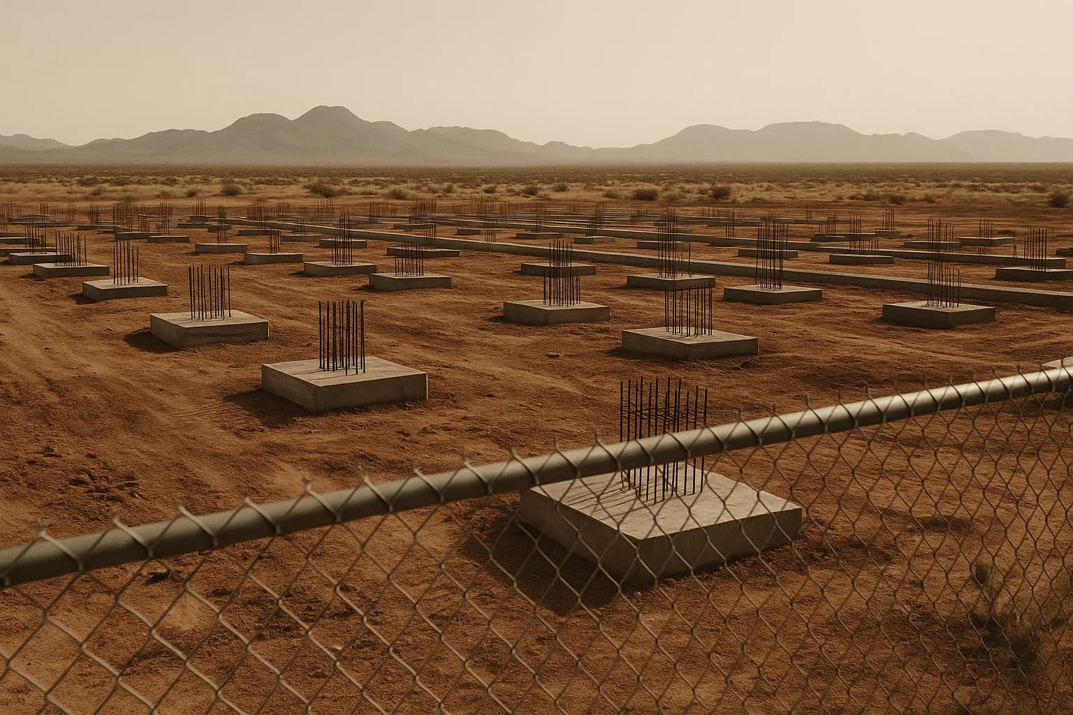 Wide-angle view of a large industrial construction site in a desert landscape, concrete foundations and steel conduit in the foreground, flat scrubland and distant mountains behind under a pale blue sky.