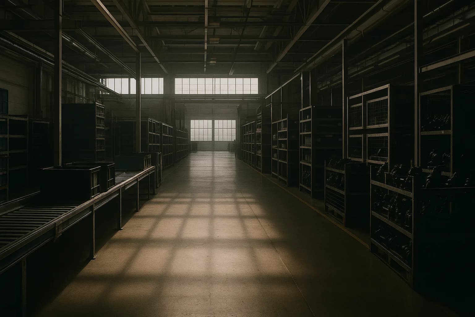 Empty automotive factory floor with industrial conveyor lines and shelving under diffuse natural light