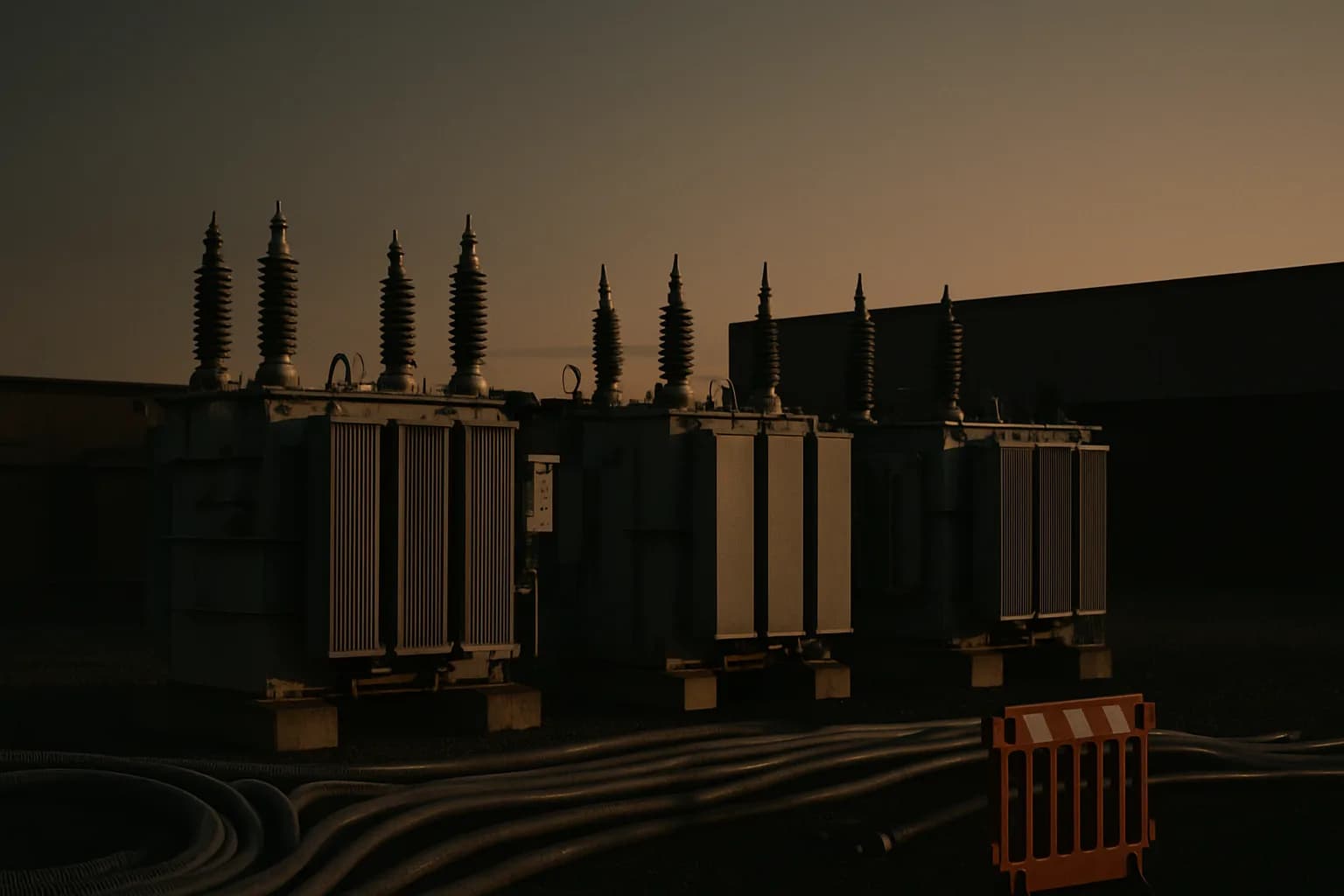 Industrial electrical transformers at a Pennsylvania substation at dusk, with a flat construction-site building visible in soft focus behind them