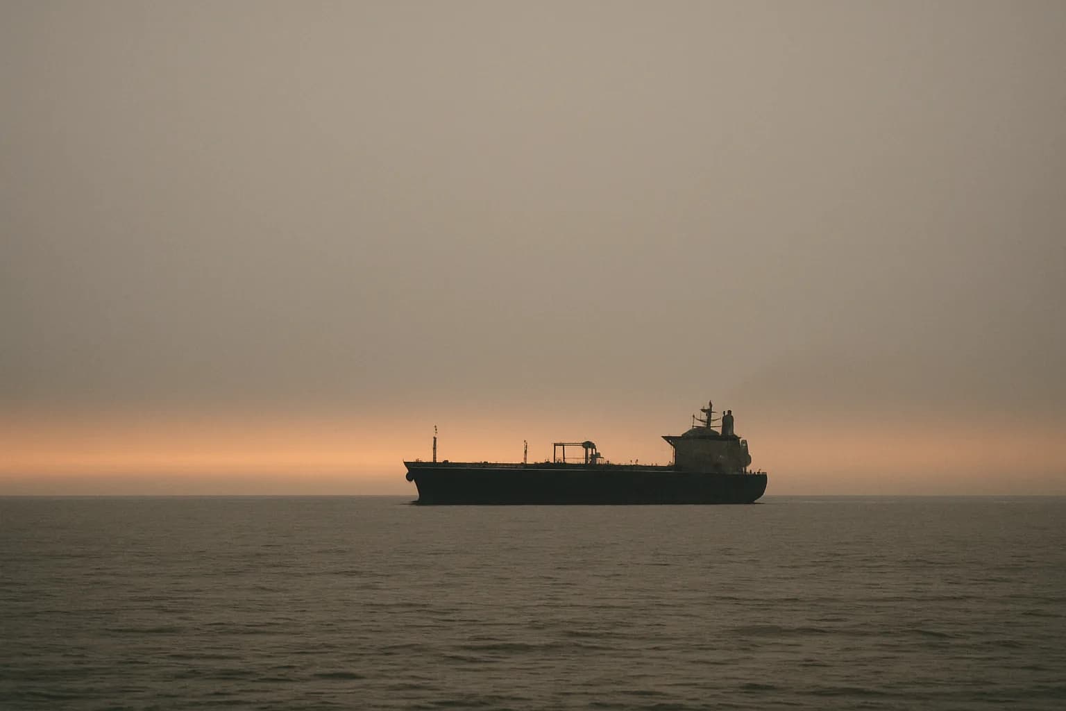 An oil supertanker crossing grey water near the Strait of Hormuz at dawn, viewed from shore against a pale horizon