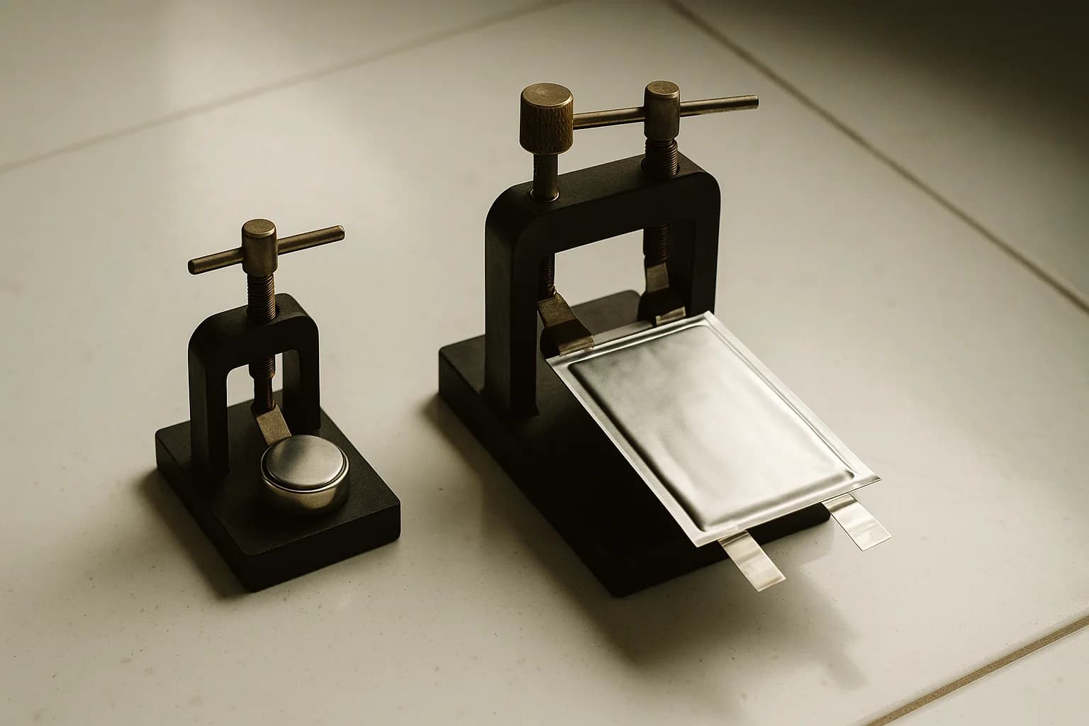A button coin cell and a flat pouch cell in laboratory holders on a white ceramic bench, shot from above in soft diffuse light