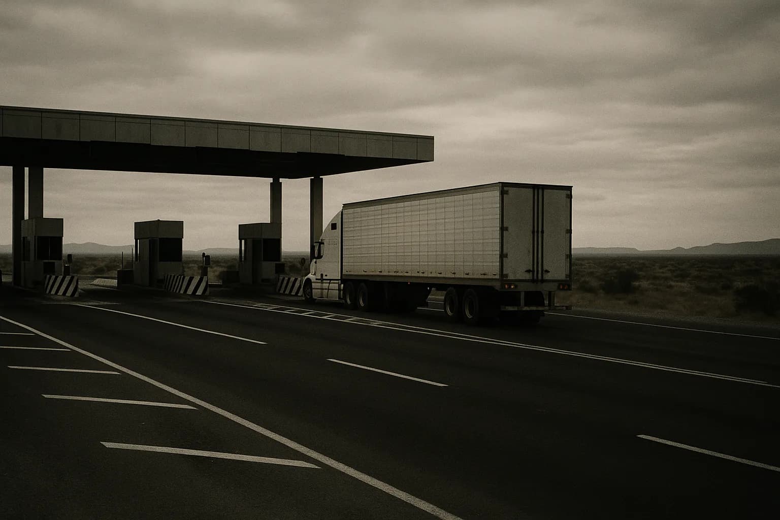 A parked semi-truck at a deserted toll plaza on a Mexican federal highway, empty asphalt and scrubland stretching to the horizon under flat midday light.