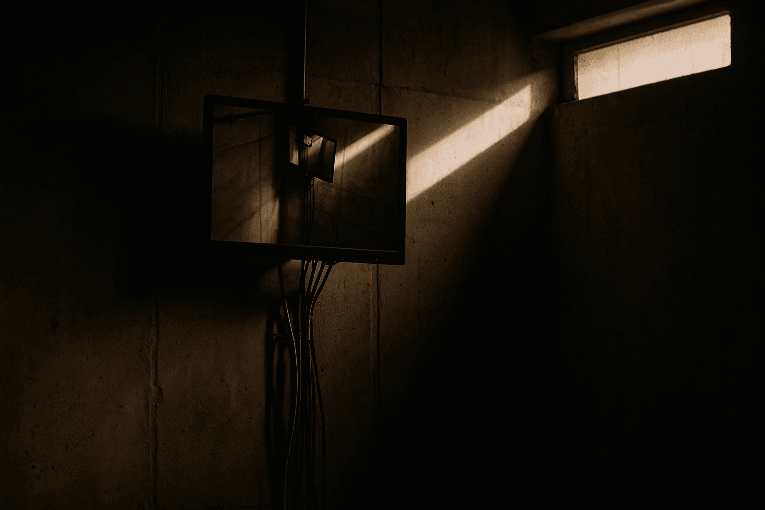Wall-mounted surveillance monitor in a dim industrial room displaying its own camera feed, morning light slanting across the screen from a high window.