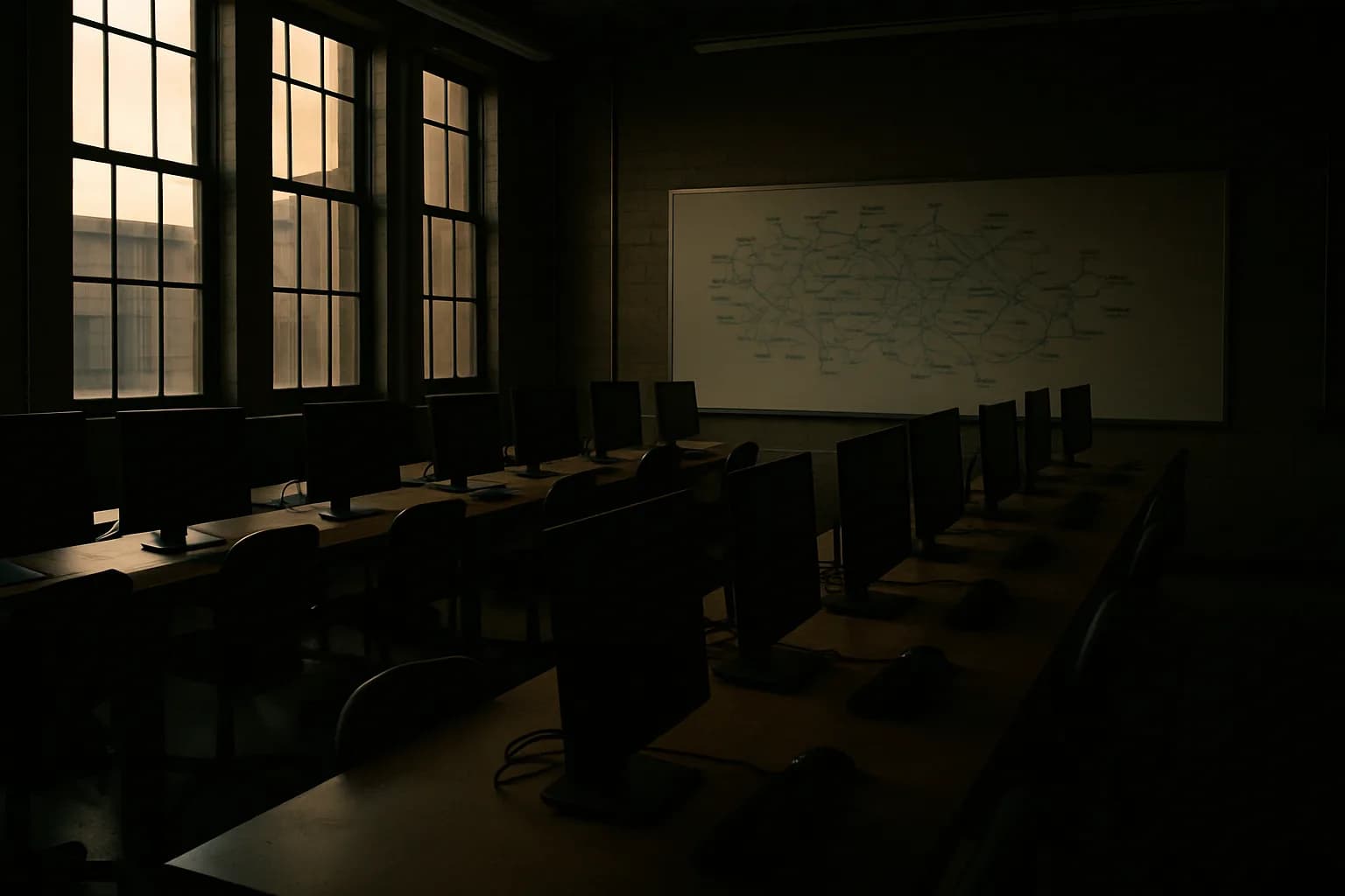An empty AI research lab at dusk, dark monitors and an abstract network diagram on a whiteboard