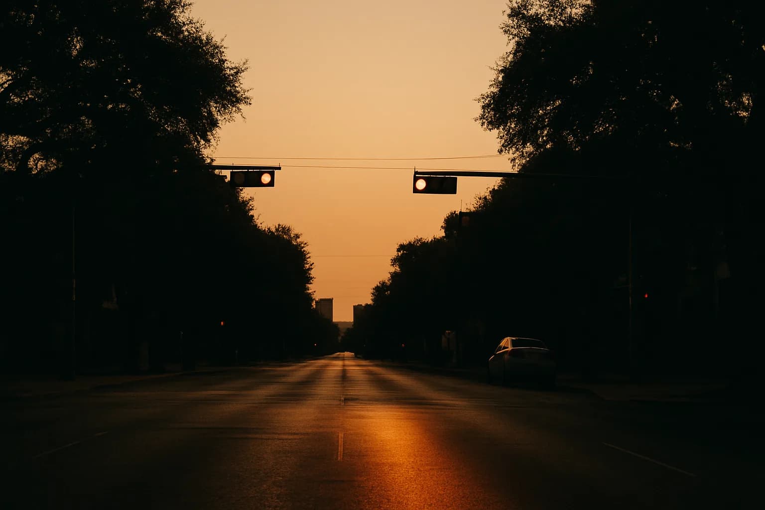A quiet Austin street intersection at dusk with a white sedan parked near a traffic signal, live oak canopies framing an amber sky.