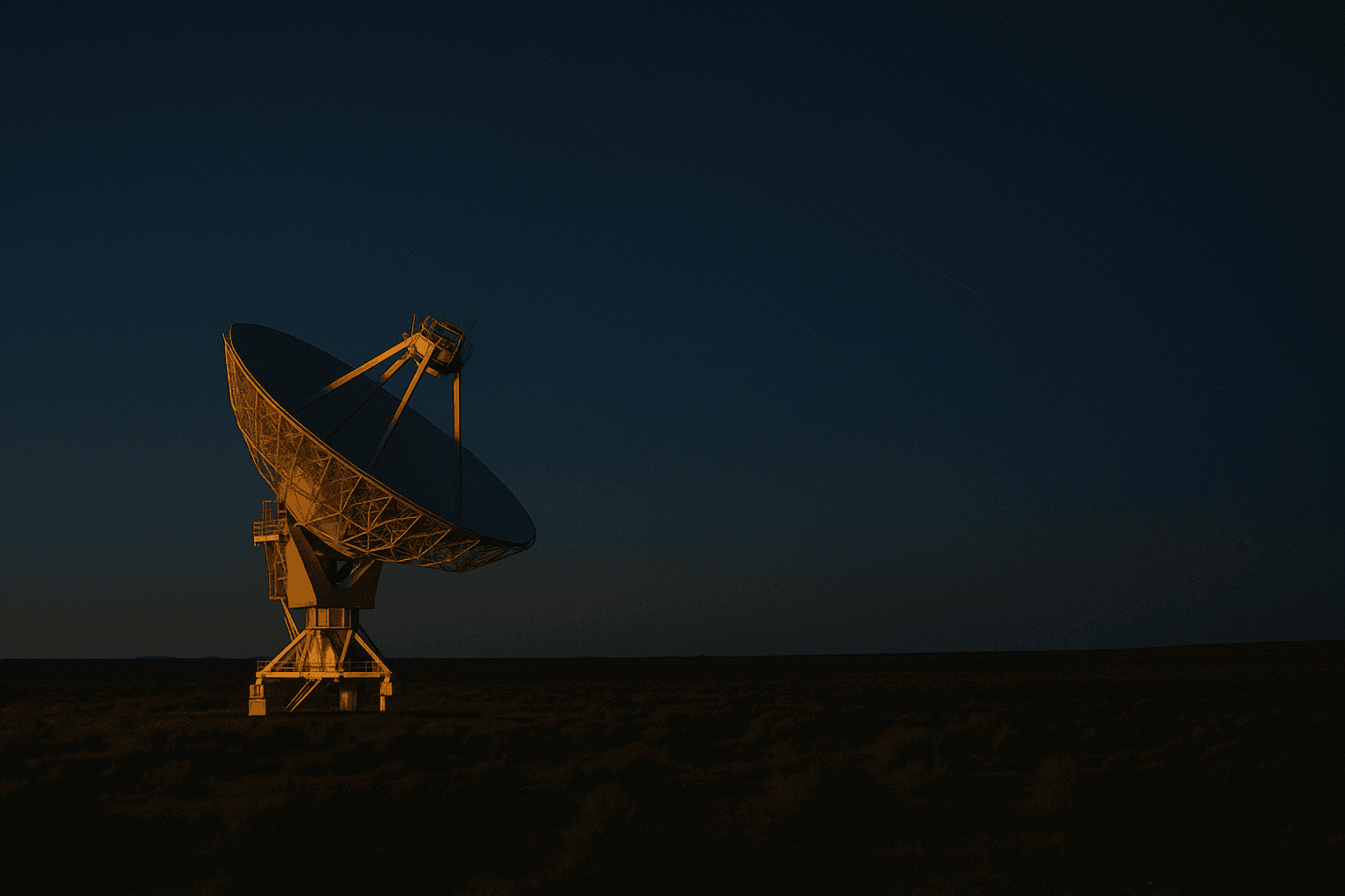 A parabolic satellite ground station dish pointed skyward beneath long star trails in a pre-dawn desert sky