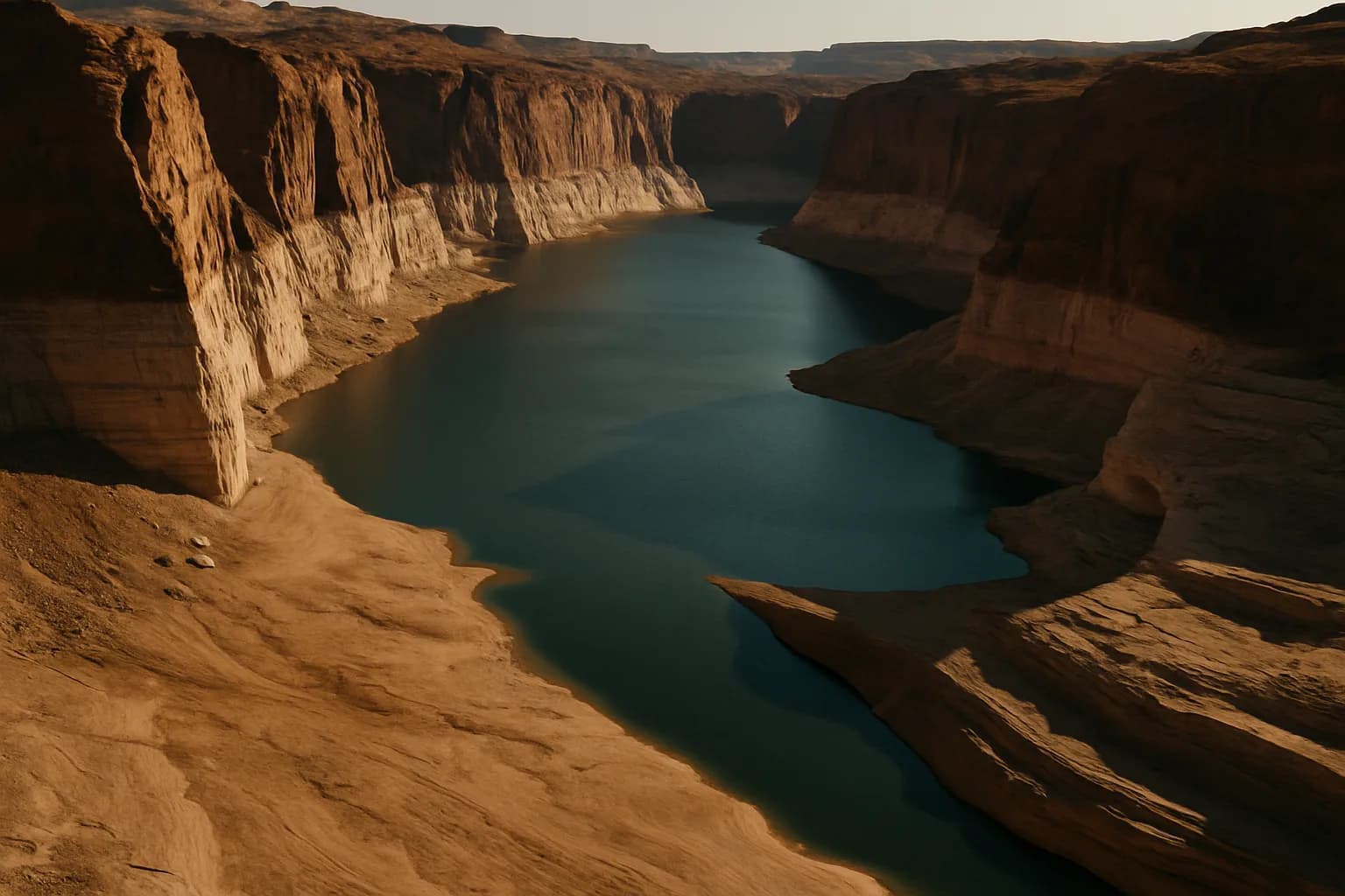 Aerial view of a drought-stricken canyon reservoir with prominent white bathtub rings along red sandstone walls and a dramatically shrunken water surface