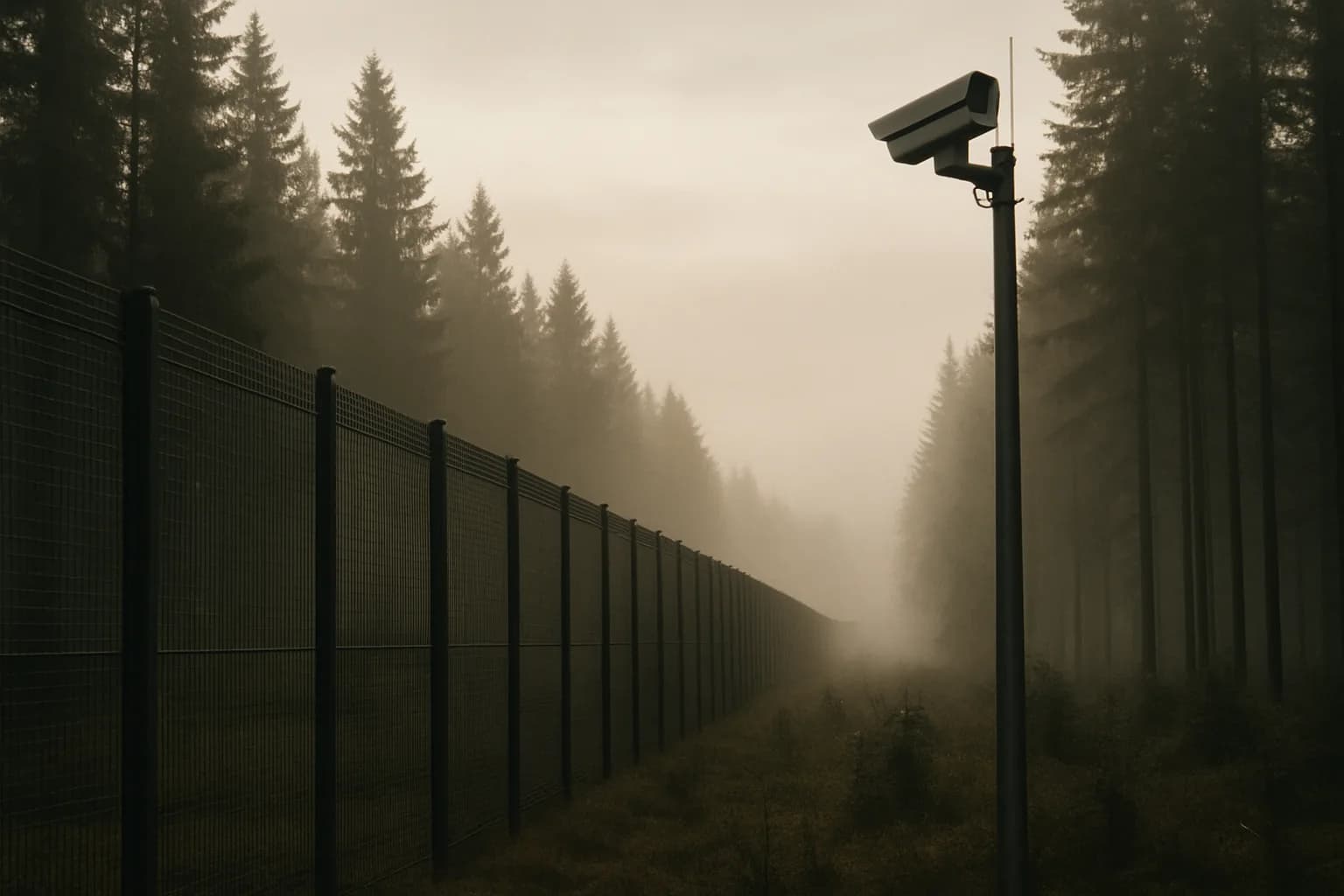 Steel mesh border fence and surveillance camera pole in misty conifer forest at dawn