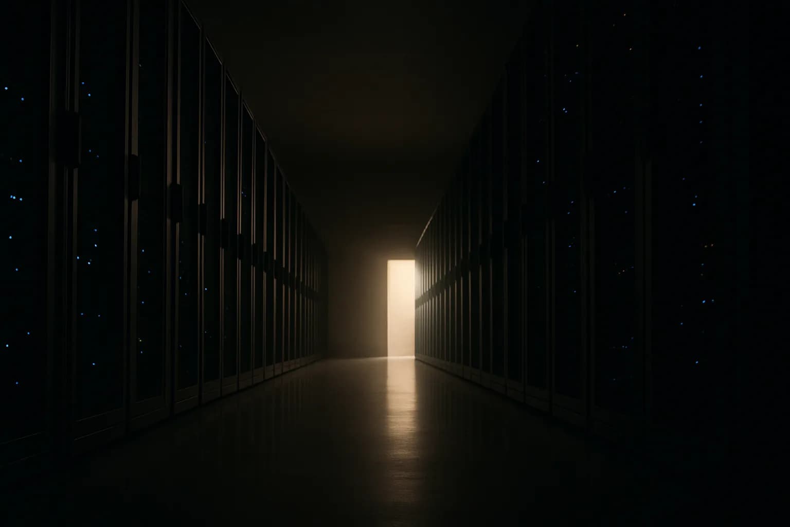 Server corridor in a data center bathed in blue indicator light, shot from floor level with empty space above and a faint beam of natural light at the far end
