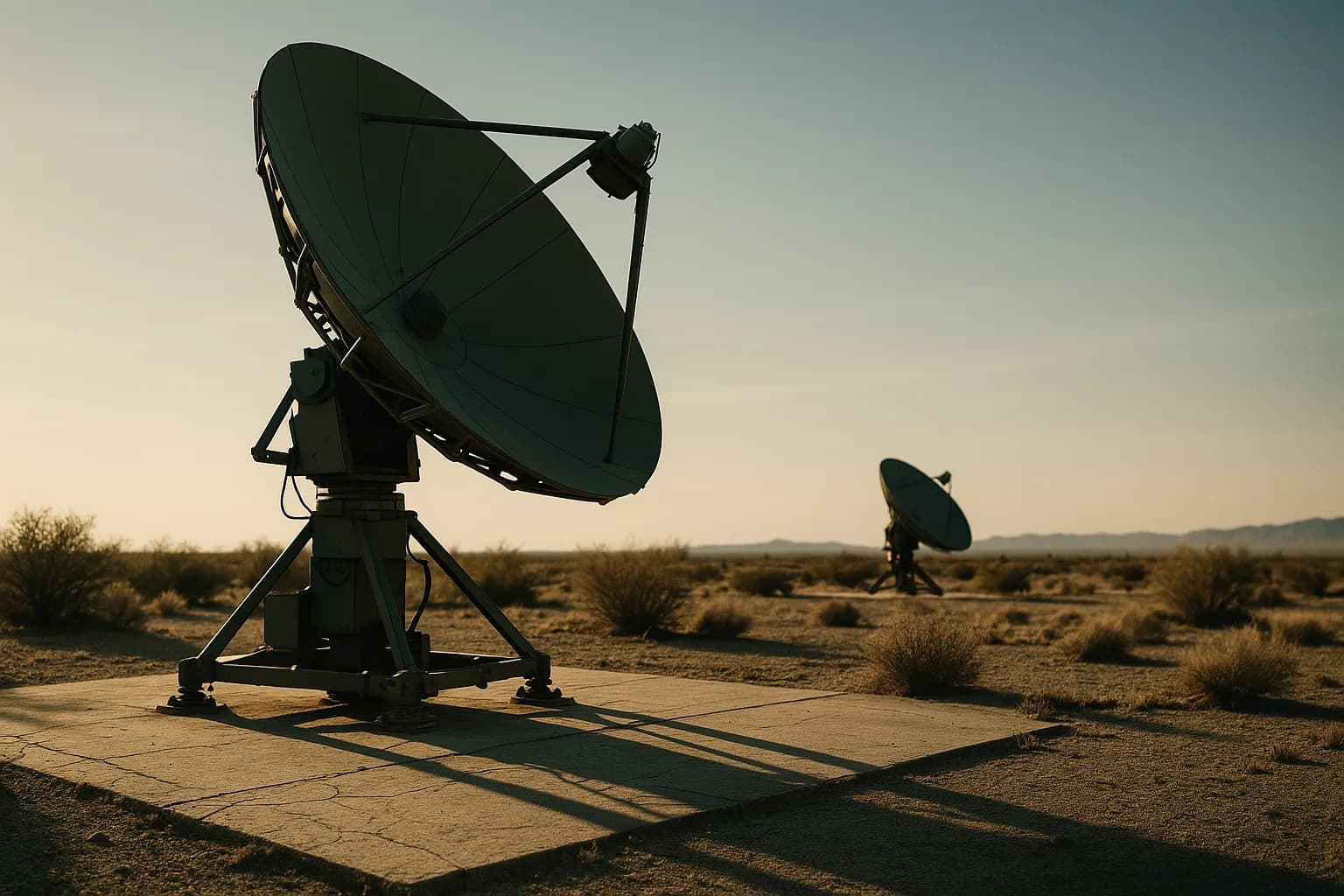 Military satellite dish casting a long shadow across cracked concrete in a desert landscape at dawn, a second idle dish visible in the distance