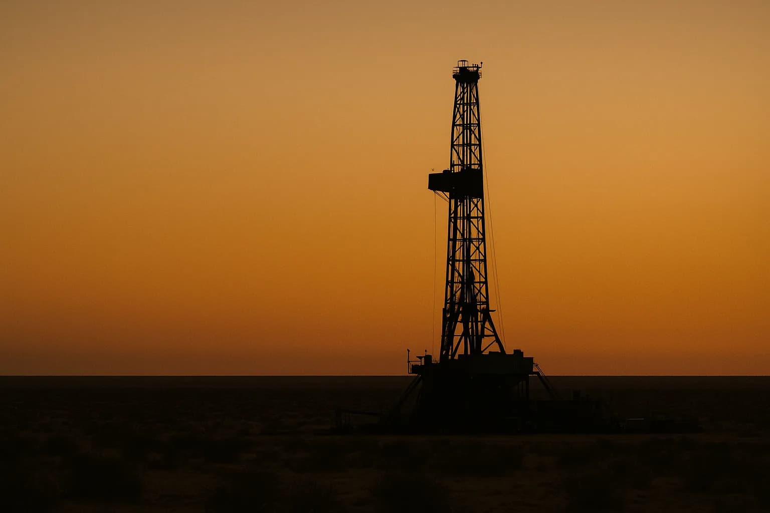 A drilling rig silhouetted at dusk in a Utah desert basin, its tower rising against an amber sky.