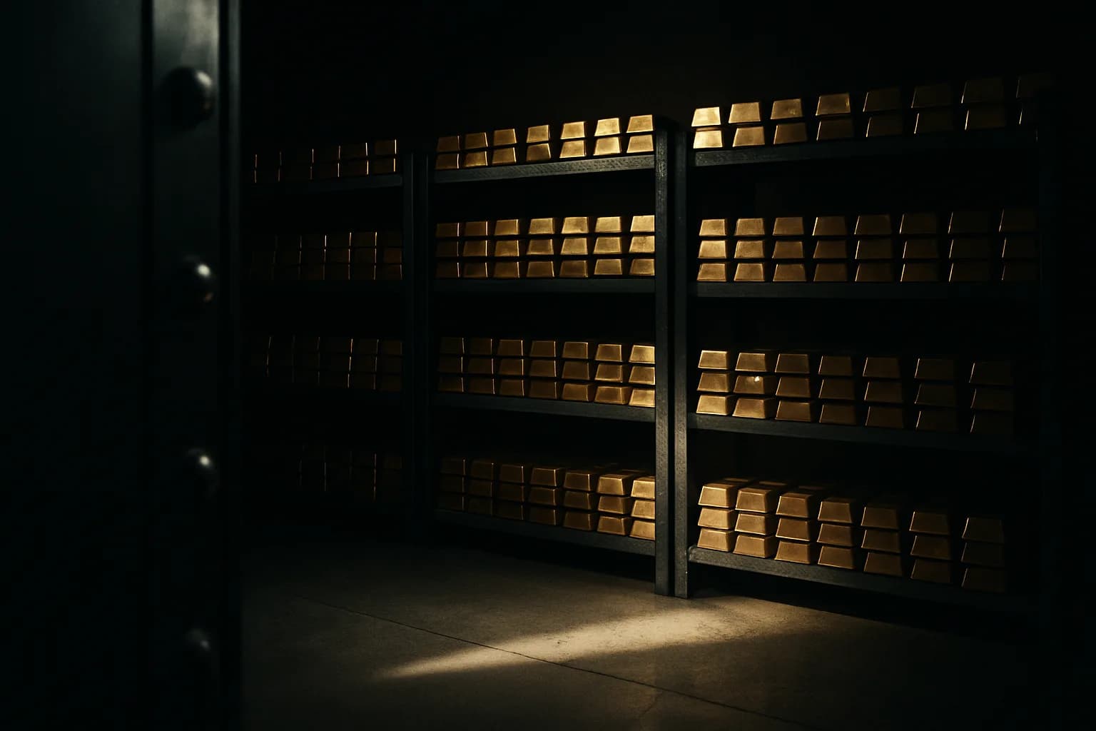 Rows of gold bars inside a high-security vault lit by a single overhead shaft of light, a blurred vault door visible at the left edge of the frame.
