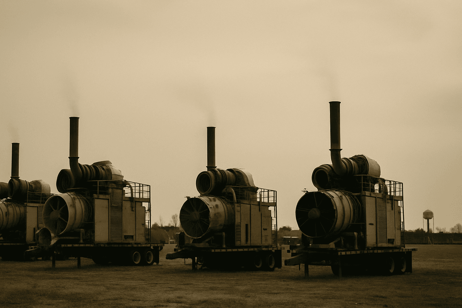 Rows of trailer-mounted gas turbines in a Mississippi field under overcast light, with residential rooftops barely visible in the distance