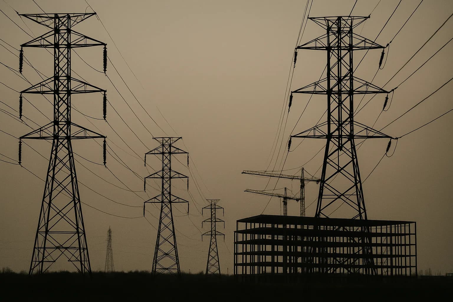 Power transmission towers silhouetted against a pale dusk sky, with an unfinished data center skeleton visible in the middle distance beneath them