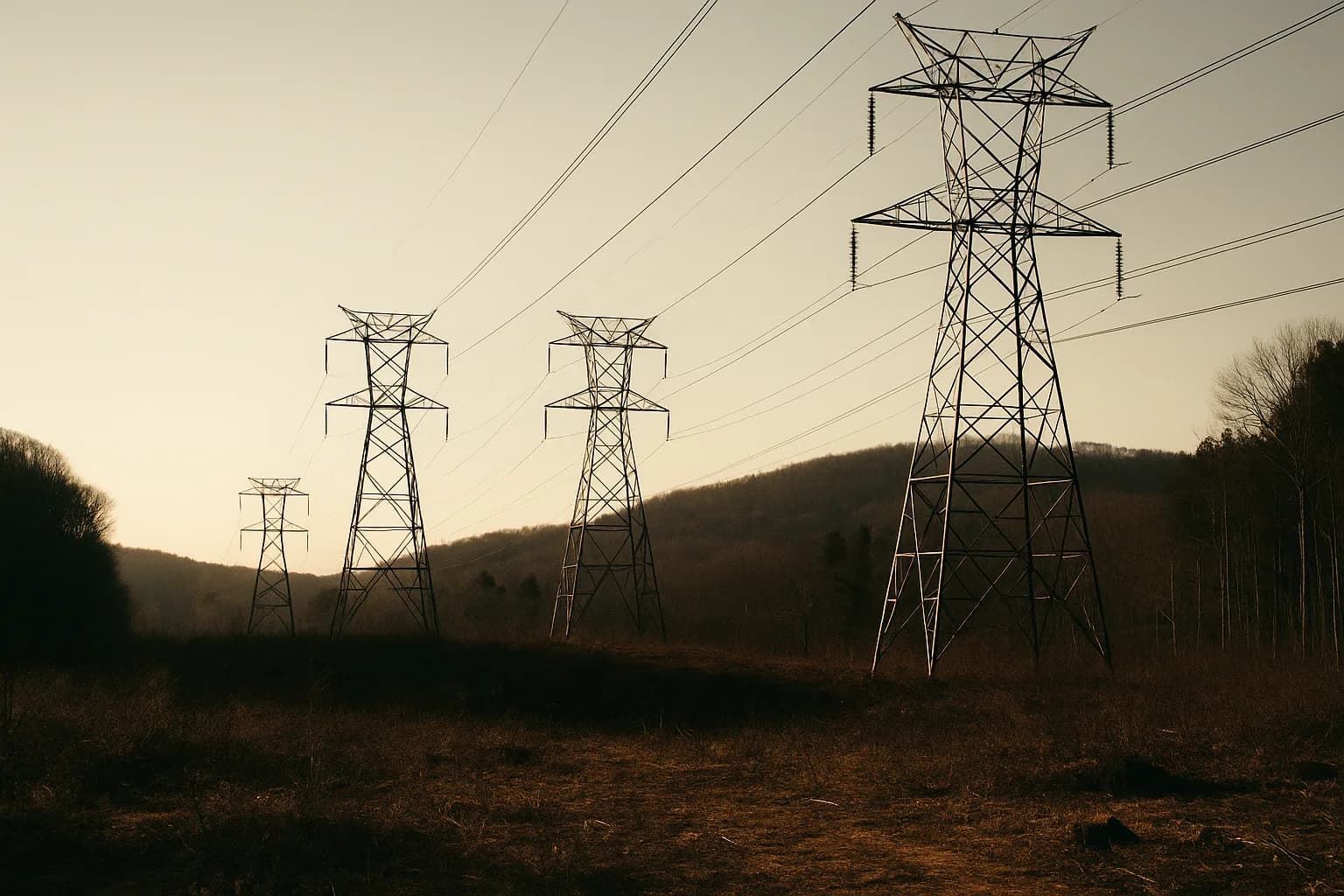 High-voltage transmission towers seen from below against a wooded Appalachian ridgeline, long shadows crossing bare earth in late afternoon light.